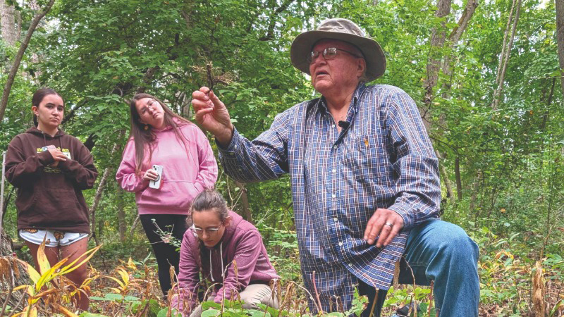 A man stands in a patch of wild ginger holding up a small brown root. Two people watch, while another squats on the ground reaching toward a plant.