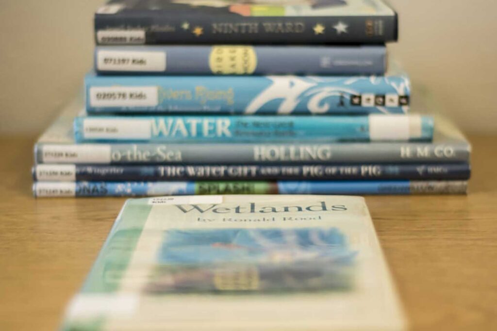 A stack of blue books about water.